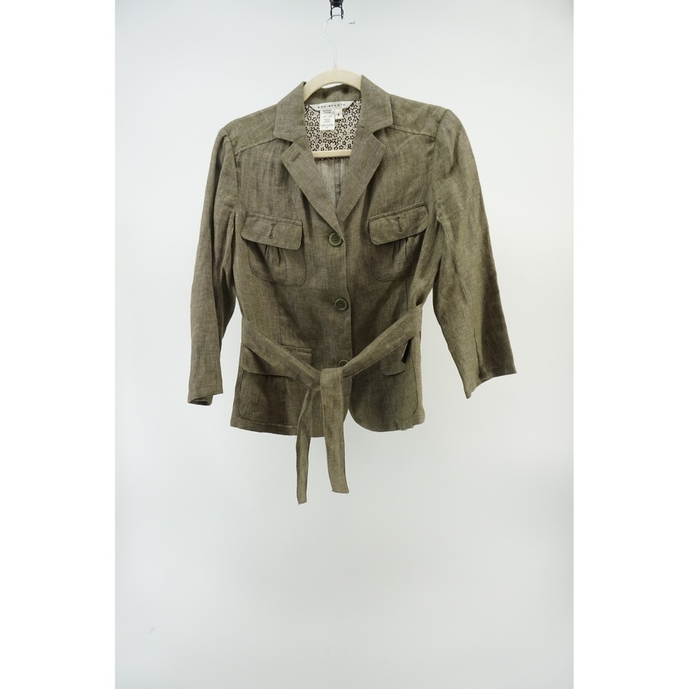 Max Studio Linen fitted shrunken blazer Jacket Belted Olive Green Size 6